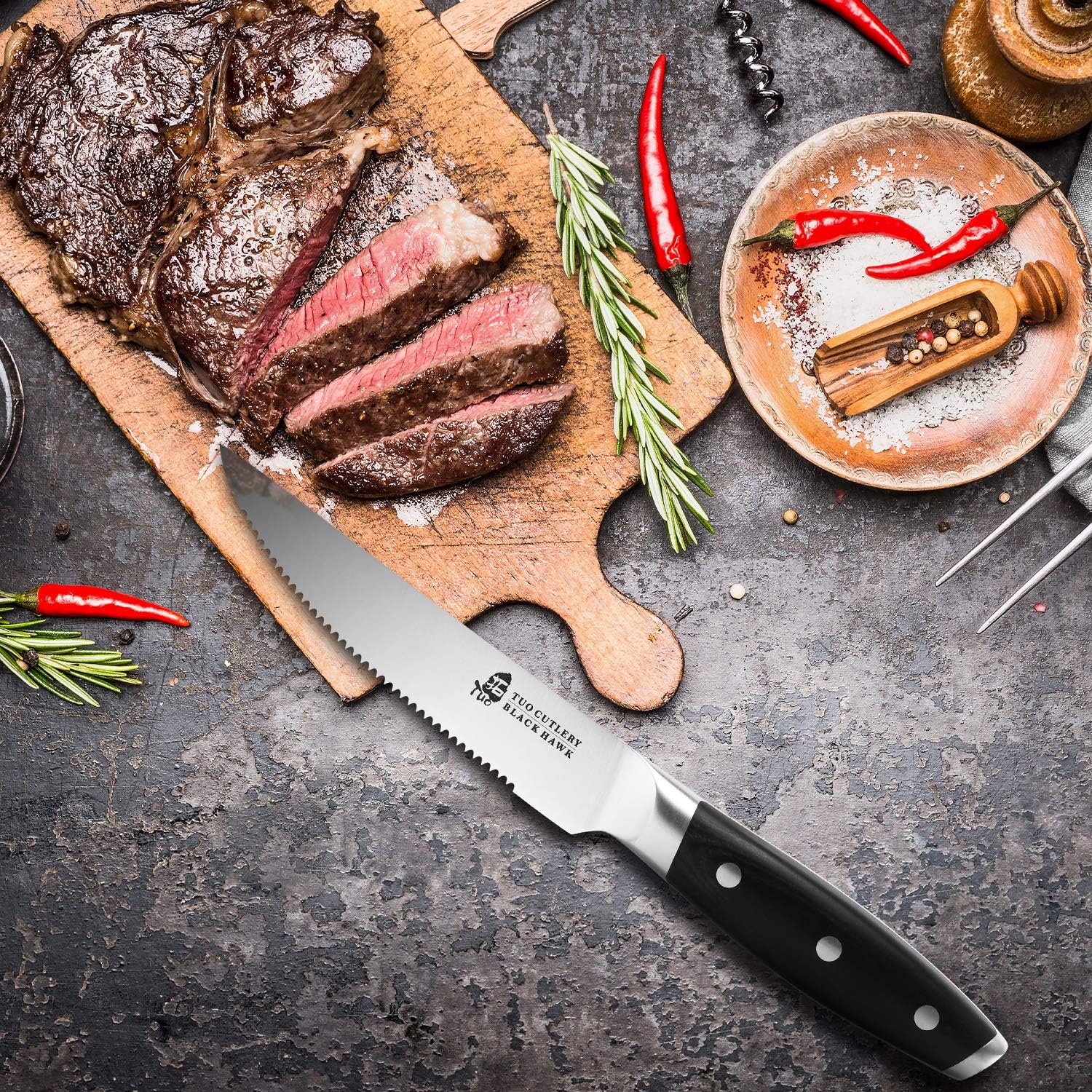 TUO Serrated Steak Knife - 5 inch Professional Kitchen Steak Knife Set 4 - Table Dinner Knife - German HC Stainless Steel Non Slip Pakkawood Handle - BLACK HAWK SERIES Including Gift Box: Kitchen & Dining