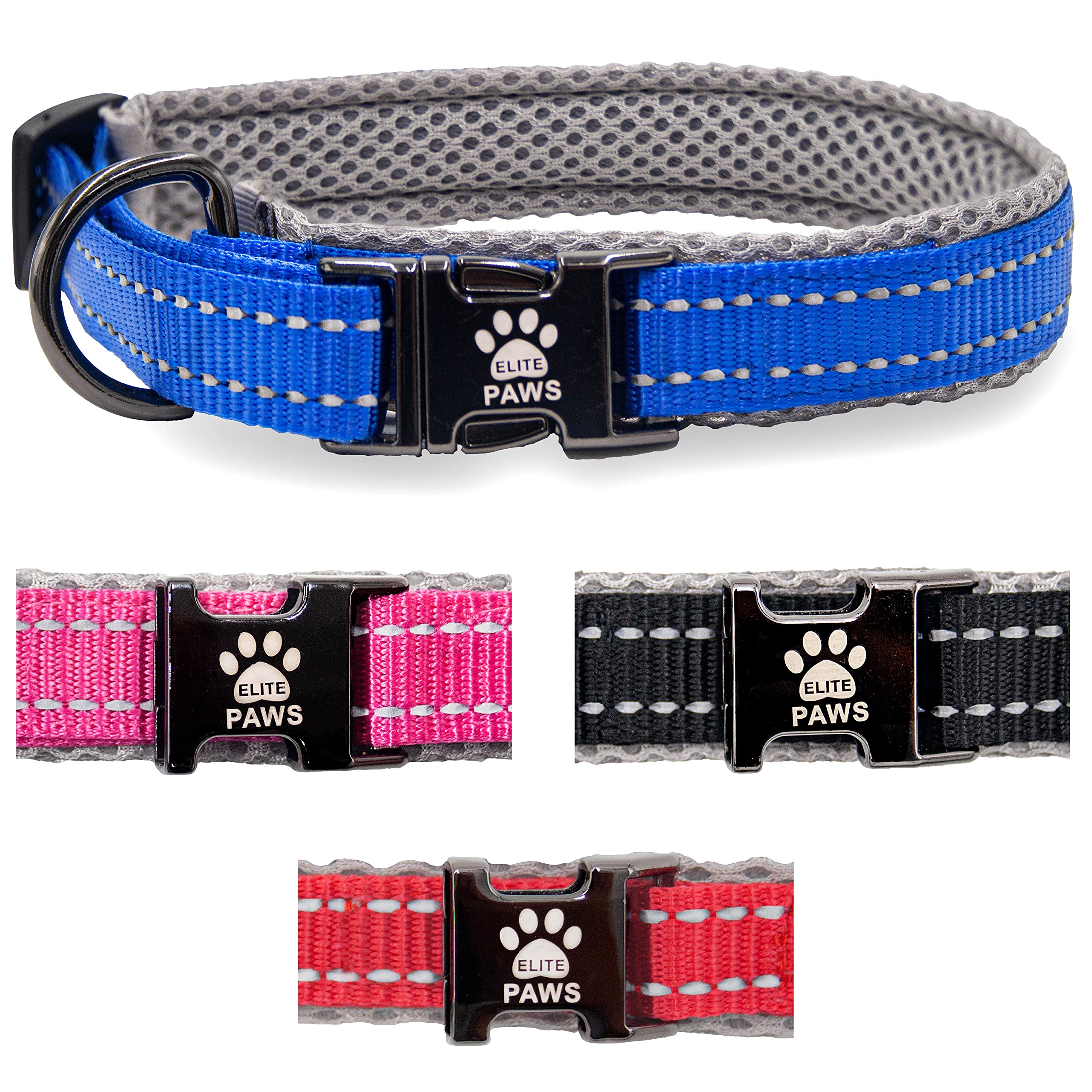 Elite Paws® UK: Premium Metal Buckle Dog Collar, Strong, Safe, Padded, Comfortable, Reflective, Adjustable, Secure Fit with Metal Lead Attachment, Puppy Walking/Training Product (50cm-55cm, Blue/Grey)