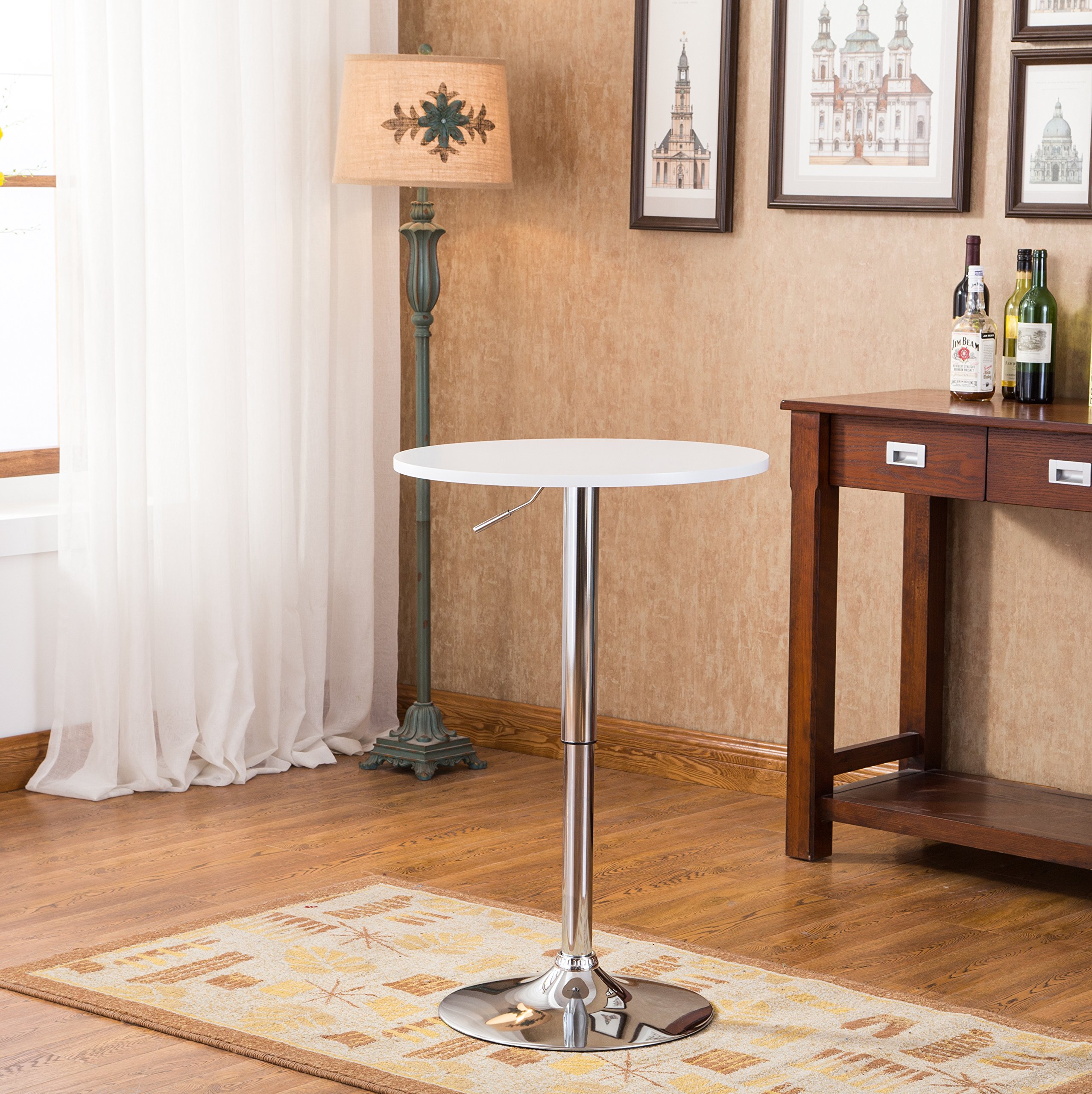 Roundhill Furniture Adjustable Height Wood and Chrome Metal Bar Table