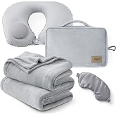 Bedsure Travel Blanket Set with Inflatable Neck Pillow and Eye Mask, Grey | 3-In-1 Airplane Blanket, Packable, Lightweight, Compact Travel Essentials, Travel Gifts for Long Flight and Flying