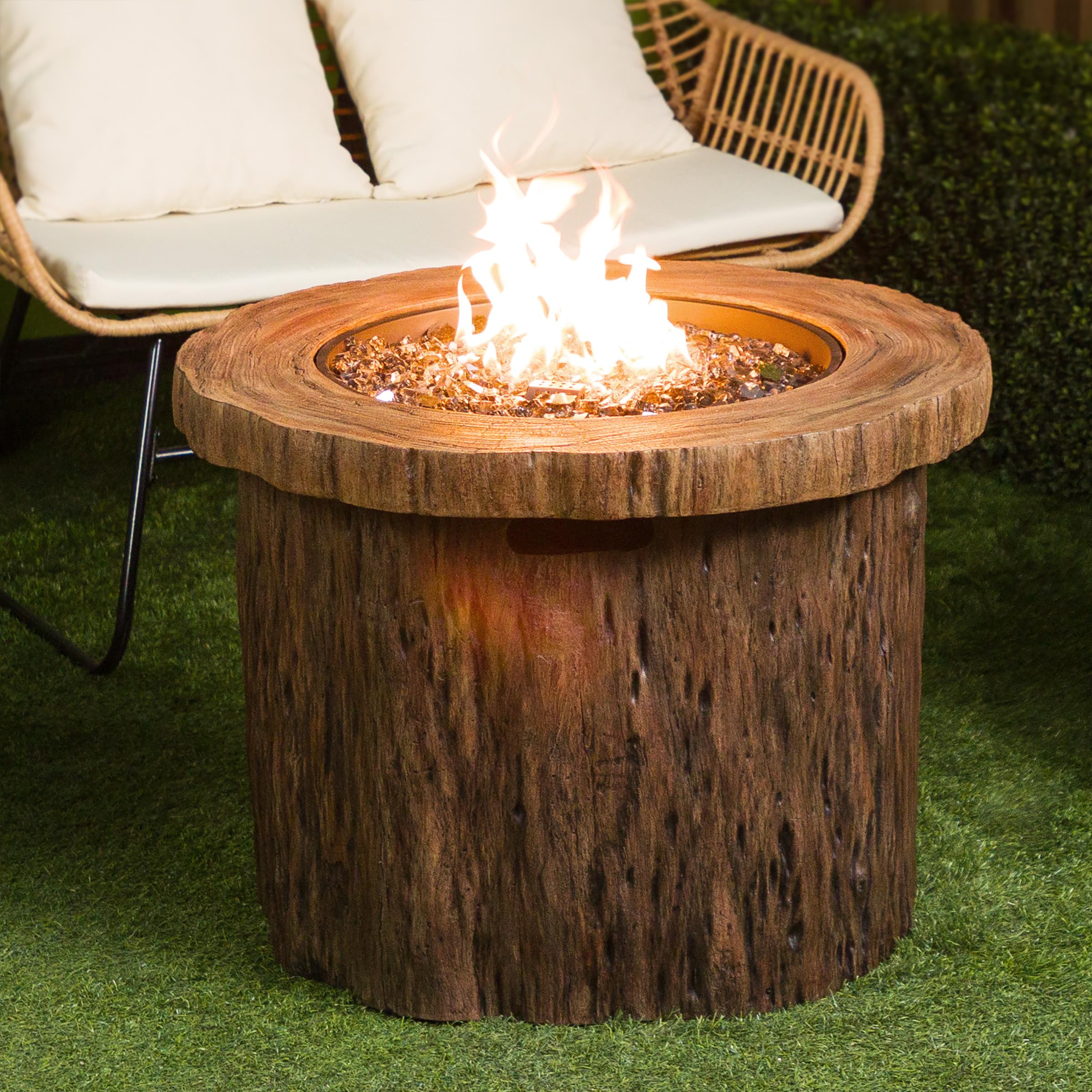 Photo 1 of Alpine Corporation GXT962 Rustic Wood Look Fire Pit 50K BTU Gas with Adjustable Flame, Natural Décor for Lawn & Patio, 24" H,