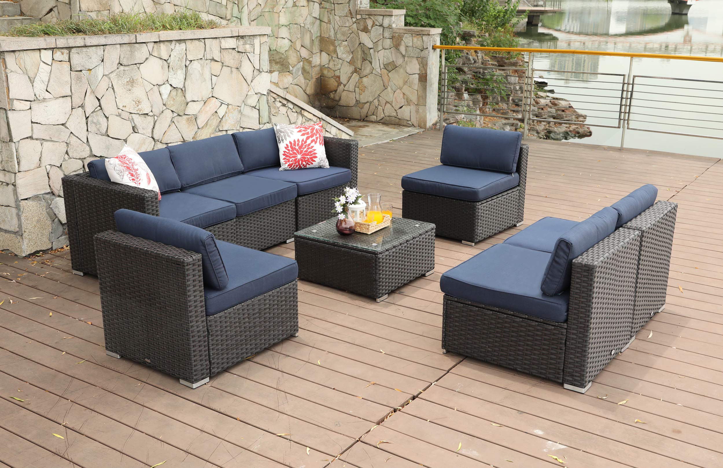 PHI VILLA 8 Piece Patio Sectional Set Outdoor Rattan Furniture Sofa