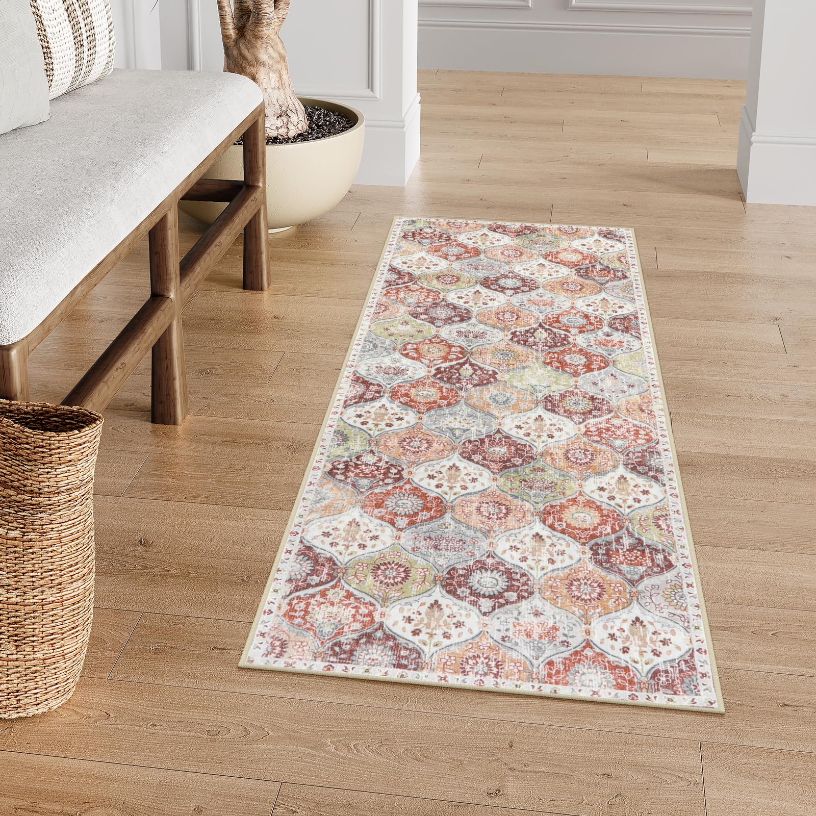 Photo 1 of Lahome Moroccan Trellis Hallway Rug, 2x5 Washable Runner Rug Non Slip Kitchen Runners for Hallways, Ultra-Thin Vintage Carpet for Bedroom Bathroom Entryway, Orange/Terracotta