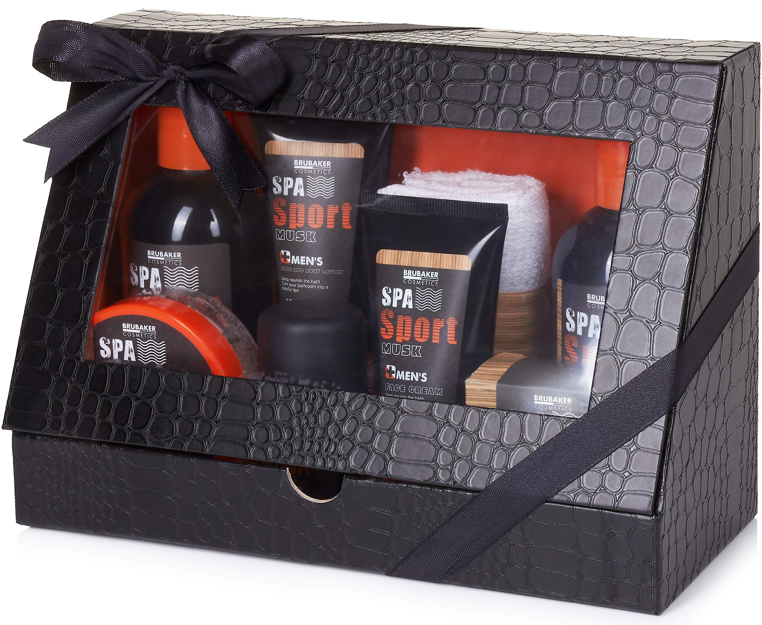 BRUBAKER Cosmetics Spa Sport Musk Mens Body Wash/Shower Gel Gift Set + Washcloth in Gift Box - 8 Pcs.