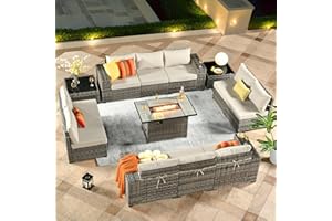 ovios 13 Pieces Patio Furniture Set, Outdoor Sectional Sofa with Rectangular Fire Pit Table, Wide Armrests and Deep Seat, Modern Modular Wicker Rattan Conversation Set, Beige