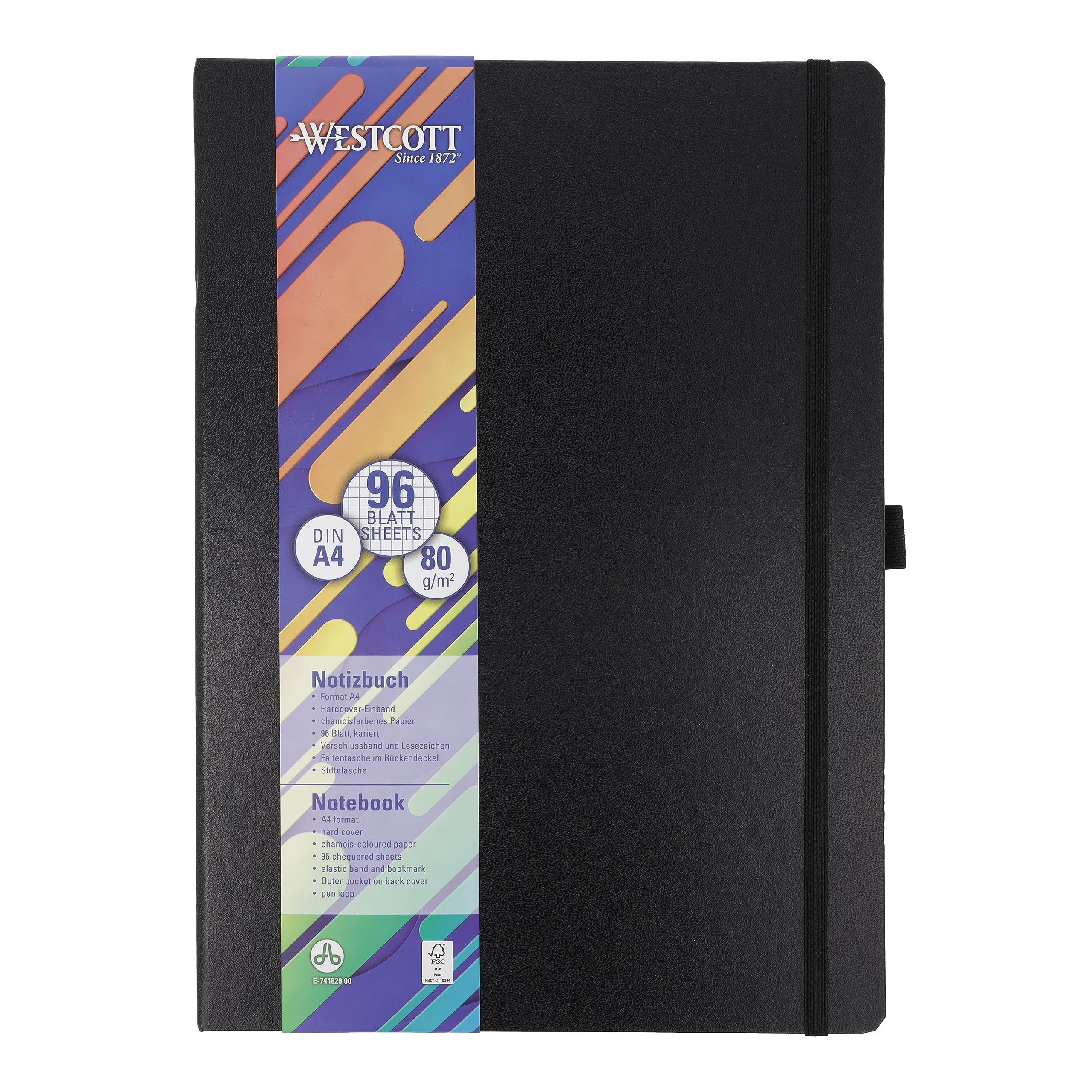 Westcott notebook DIN A4 squared | 192 pages in an elegant hardcover | 80 g/m² sustainable FSC-mix paper | with inside pocket, bookmark, elasticated closure and pen holder | E-744829 00