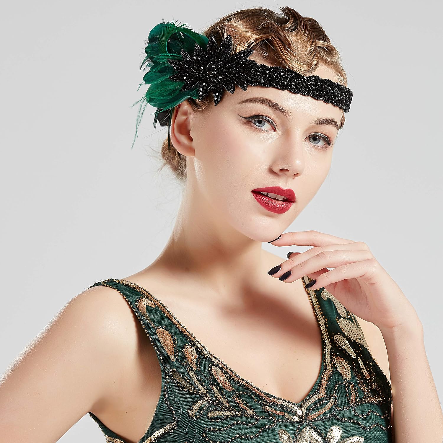 BABEYOND 1920s Feather Flapper Headband - Great Gatsby Headpiece Roaring 20s Hair Accessories for Gatsby Party Prom, Cocktail Darkgreen - Image 5