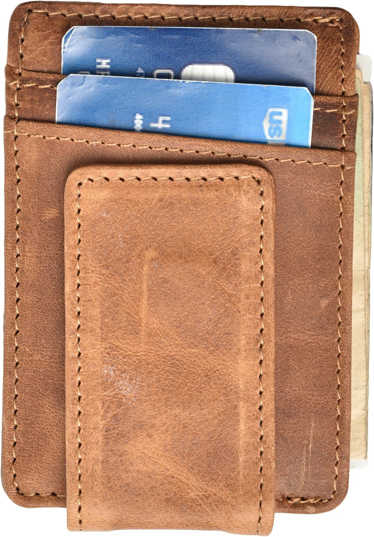 Hopsooken Money Clip Front Pocket Wallet RFID Slim Wallet Magnet Genuine Leather (Light Brown)