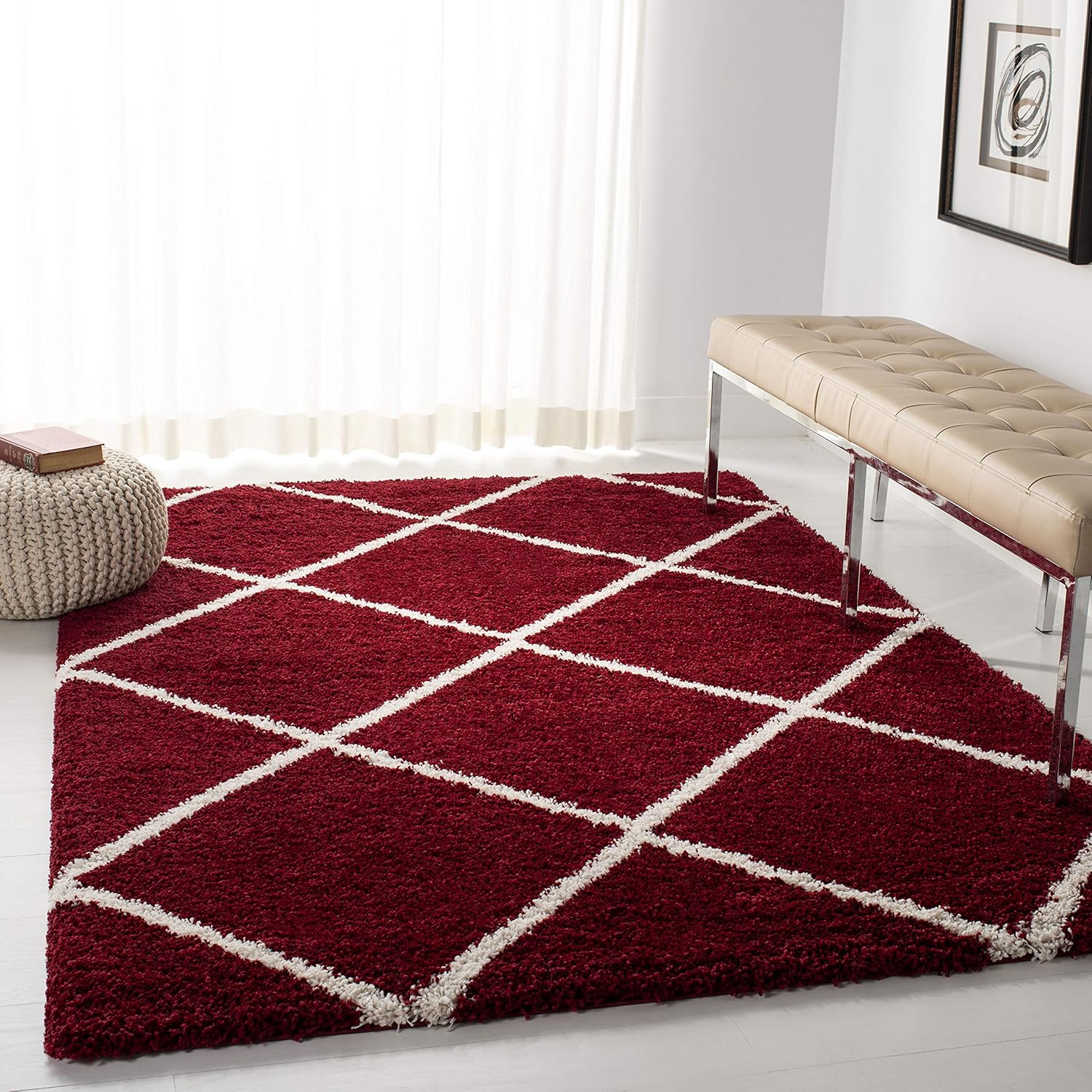 Safavieh Hudson Shag Collection SGH281R Red and Ivory Moroccan Diamond Trellis Area Rug (4' x 6')