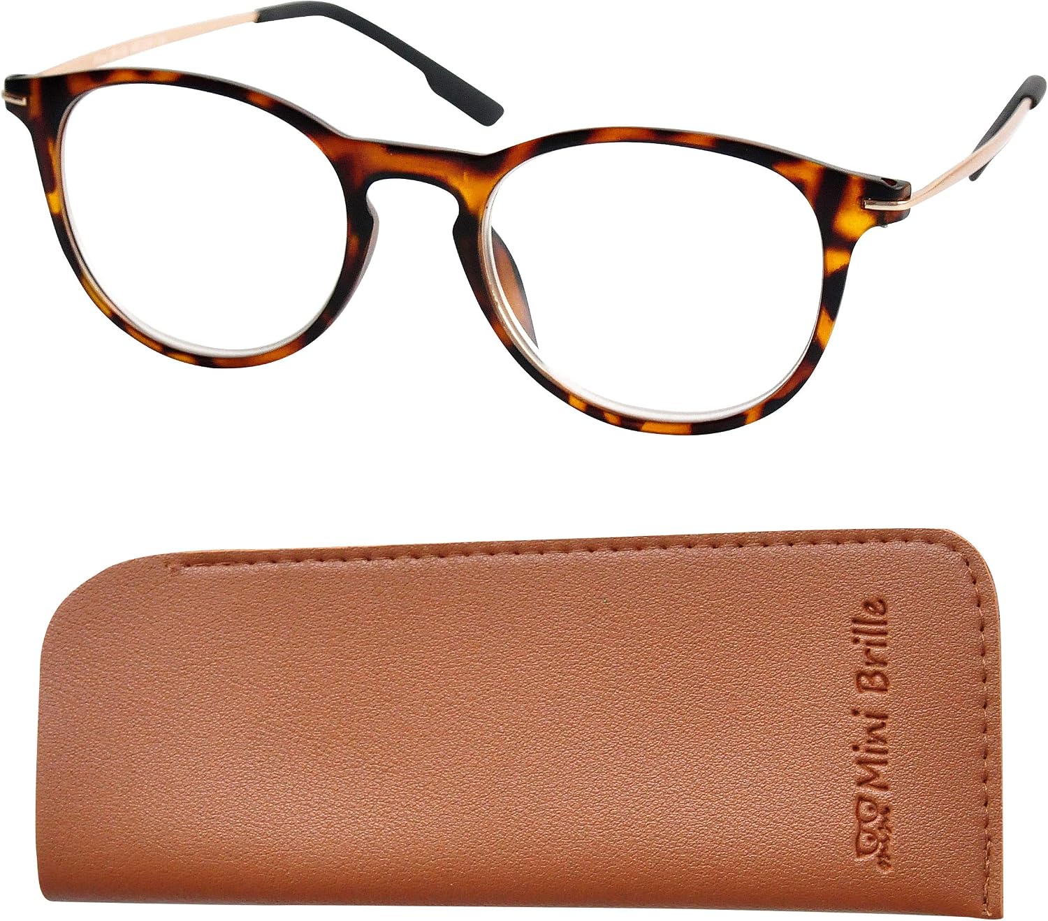 Mini Brille, Nerd Reading Glasses with Large Round Lenses, FREE Pouch, Plastic Frame with Metal Temples (Tortoiseshell brown)