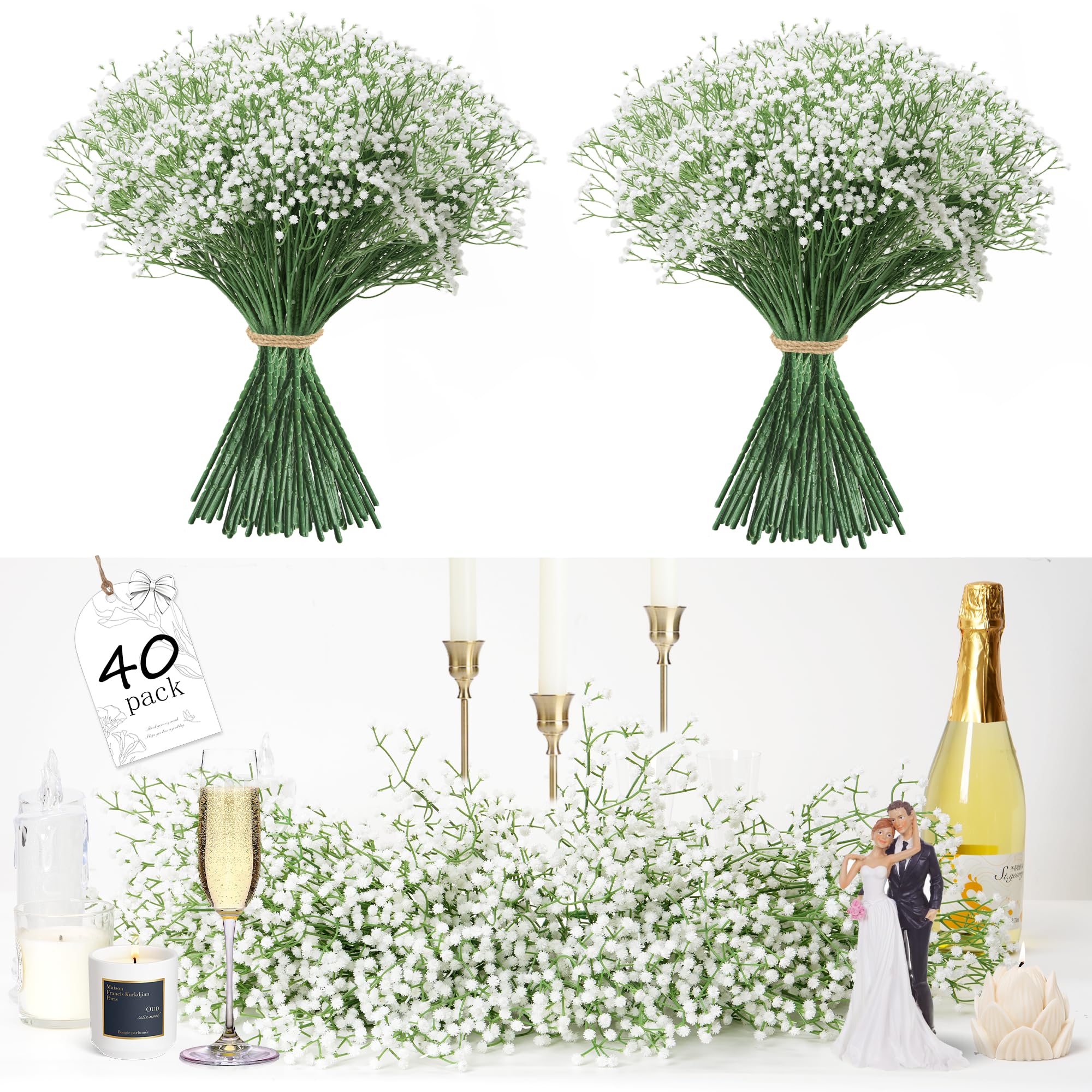 Photo 1 of Fanfantoey 40Pcs Babys Breath Artificial Flowers, White Gypsophila Real Touch White Flowers Artificial Bulk, DIY Wedding Flowers Bouquet, Fake Babies Breath Flowers Long Stems for Home Decor