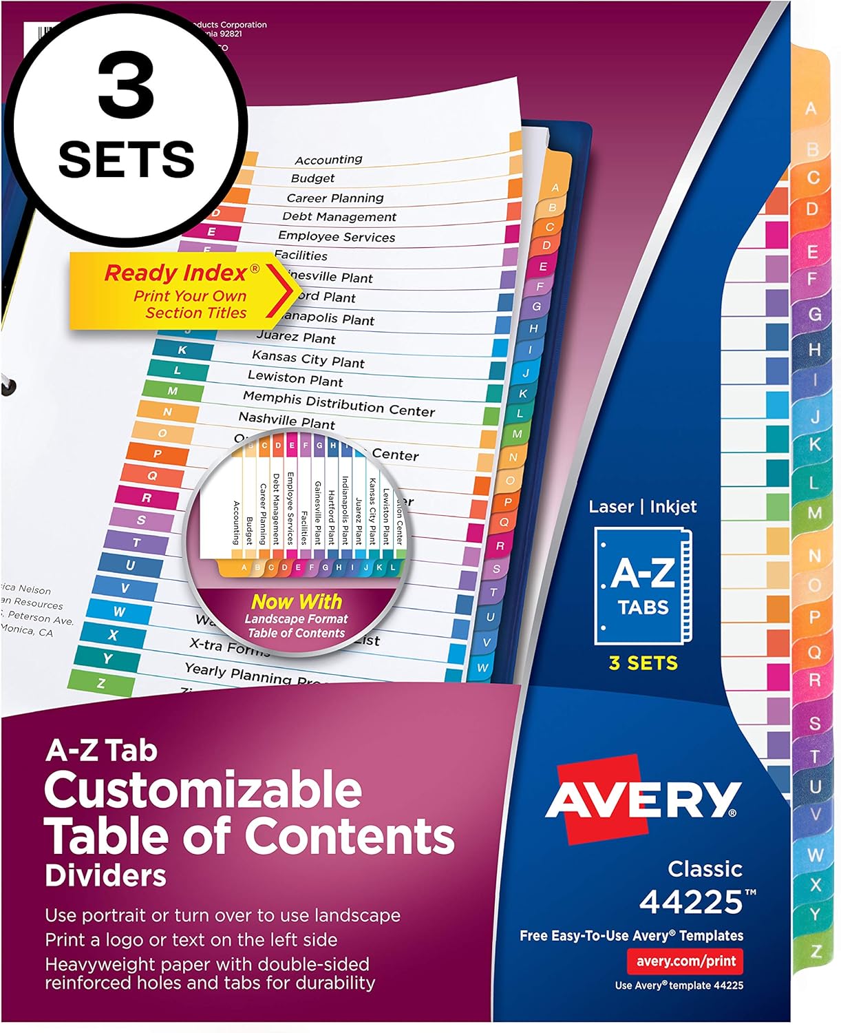 Avery A-Z Tab Dividers for 3 Ring Binders, Customizable Table of Contents, Multicolor Tabs, 3 Sets (44225) : Office Products