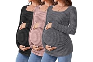 Ficerd 3 Pack Women's Maternity Tops, Long Sleeve Pregnancy Sweaters Scoop Neck Ribbed Knit Casual Pregnant Tee Shirts