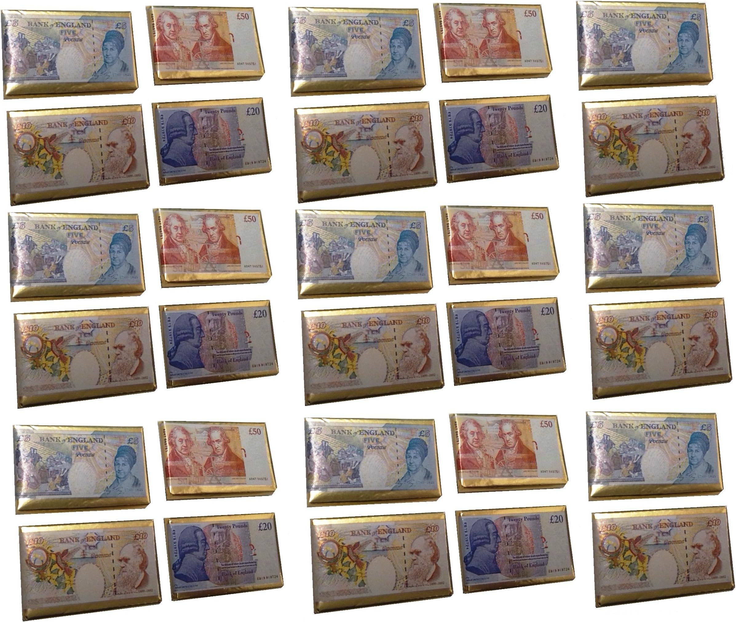 30 x £5 £10 £20 £50 Pound Notes Milk Chocolate Money Gold Foil