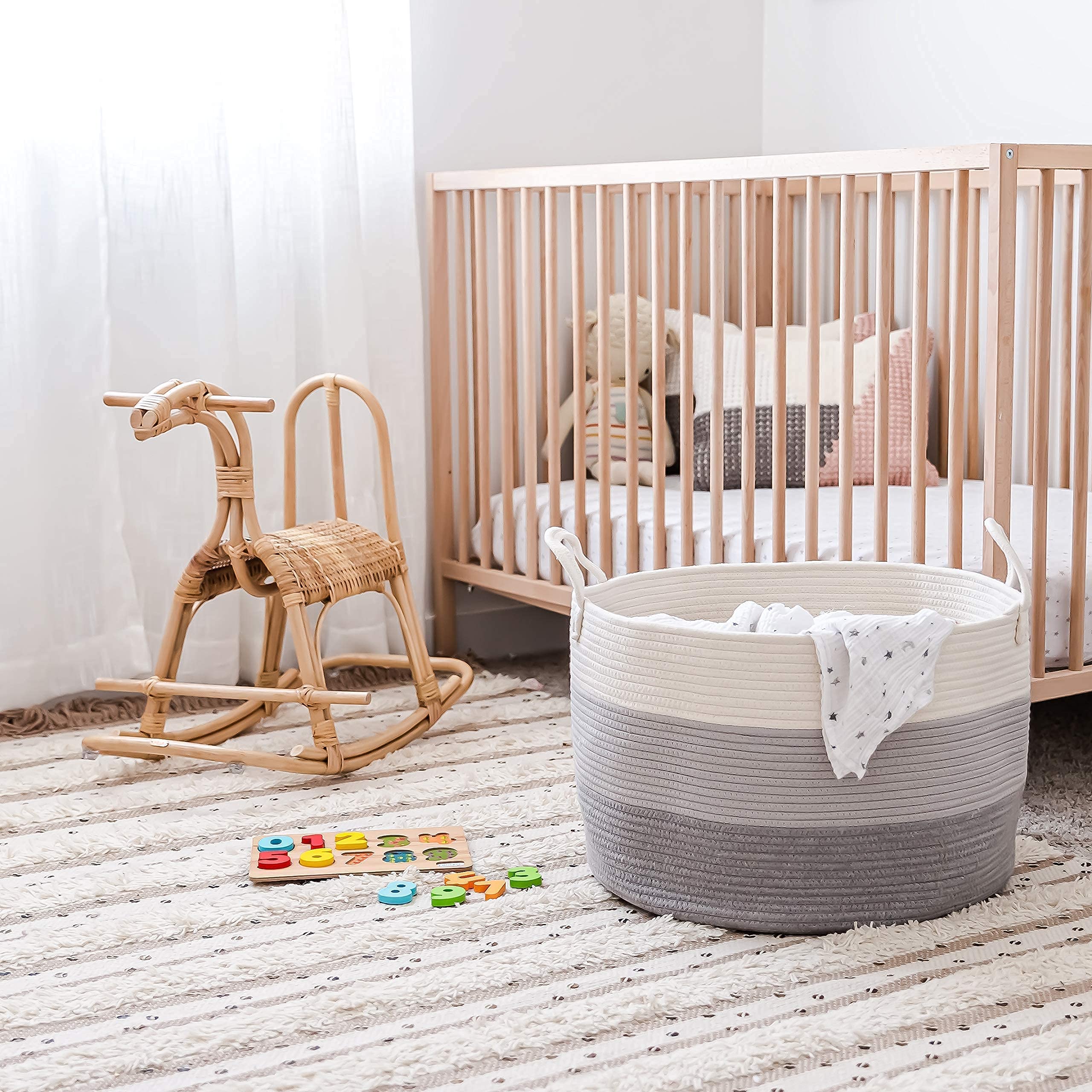 OrganiHaus Gray Extra Large Storage Basket for Blankets 20x13, Decorative Cute Laundry Hamper Basket for Clothes, Cotton Rope Basket for Blankets, Farmhouse Nursery Laundry Basket & Towel Hamper