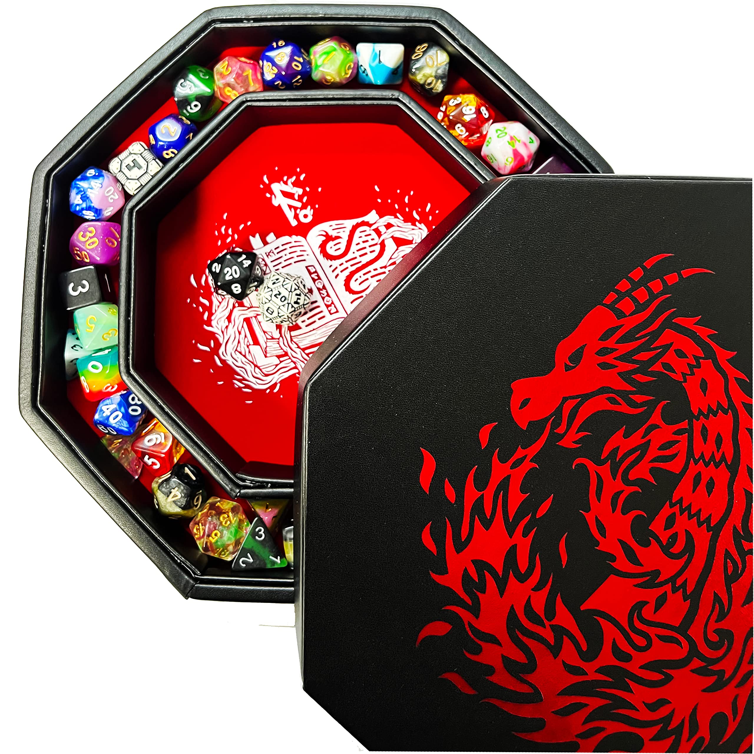 Fantasydice- Fire Dragon - Dice Tray - 20CM Octagon with Lid and Dice Staging Area- Holds 5 Sets of Dice(7 / Standard) For All Tabletop RPGs Like D&D, Call of Cthulhu, Shadowrun. (Red Wizard) — image 1