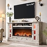 OKD Fireplace TV Stand for up-to-80 TV, Farmhouse 36" Tall Entertainment Center with 42" Electric Fireplace, Media Console with Glass Door Cabinets & Drawers for Living Room, Antique Brush White