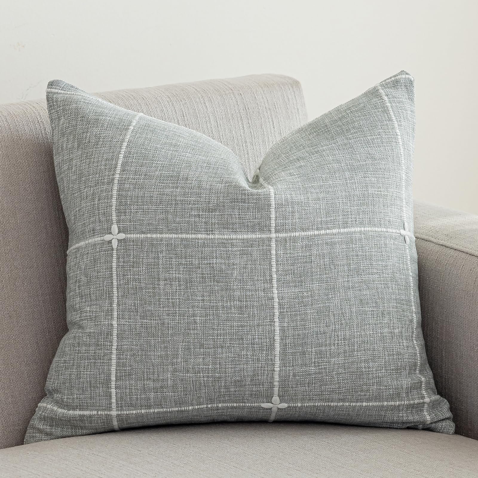 Photo 1 of vctops Rustic Lattice Cotton Linen Decorative Throw Pillow Cover Embroidery Square Cushion Cover Pillowcase for Sofa Bedroom Couch (Plaid Grey, 18"x18")