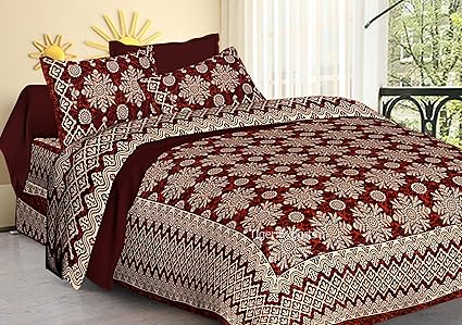 Jaipuri Bedspreads Cotton Double Bedsheet with 2 Pillow Covers (Queen Size, Maroon)