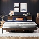LIKIMIO King Bed Frame with Headboard, Dark Wood Camas King with Strong Supports, Sturdy, Noise-Free, No Box Spring Needed, Dark Walnut