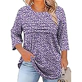 LOMON Plus Size Women Blouses 3/4 Length Sleeve Tops Crewneck Pleated Casual Tees Shirts 1X-5X