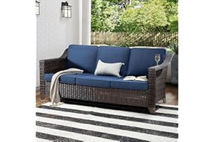 Gardenbee Patio Couch, All Weather Outdoor Rattan Wicker 3-Seat Sofa High Back Couch with Premium Cushions for Garden Backyard Porch(Brown/Navy)