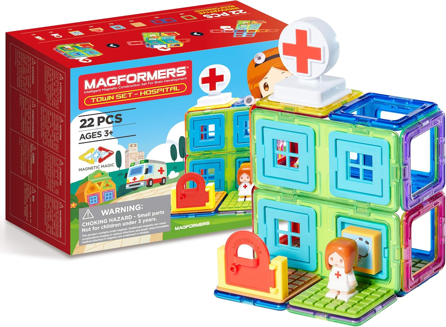 Magformers Town Hospital Magnetic Building Blocks With Nurse Character. STEM and Roleplay Toy, White, Light Blue, Neutral