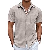 COOFANDY Mens Linen Shirt Casual Short Sleeve Button Down Shirt Summer Beach Vacation Wedding Wear