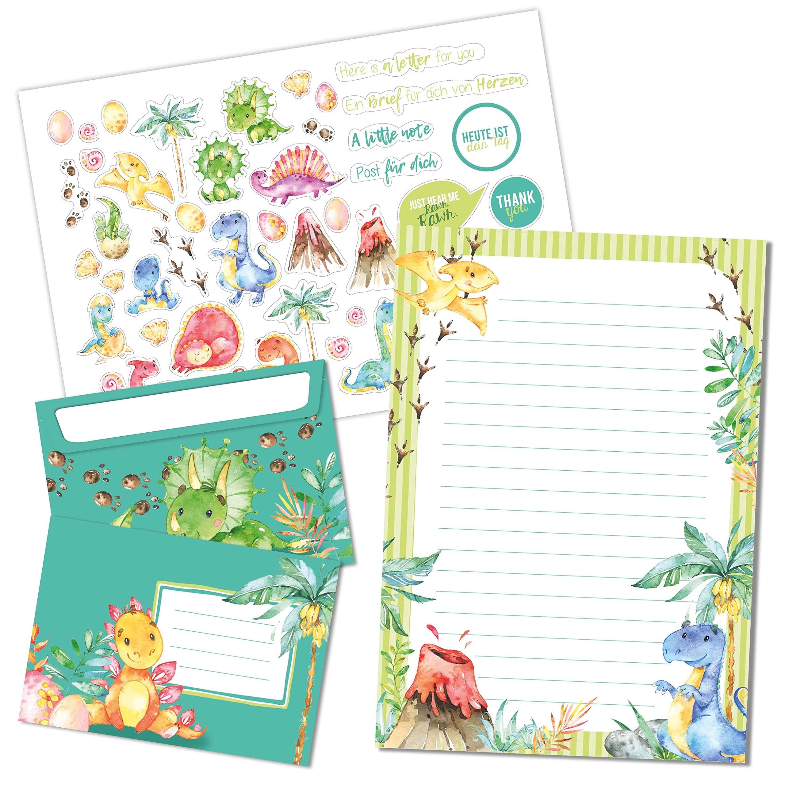 Papierdrachen Letter Pad Set - 50 Colourful Printed Letter Sheets - Writing Paper with Sticker Sheet - 20 Matching Envelopes - Gift Idea for Children - Dinosaur — image 1
