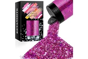 ESTANOITE Holographic Chunky Glitter, 5.64oz/160g Craft Glitter Powder Mixed Chunky & Fine Flakes, Iridescent Sequins for Nail Art, Hair, Body, Eye Epoxy Resin, Tumblers, Painting, Festival Decor (Fuchsia)