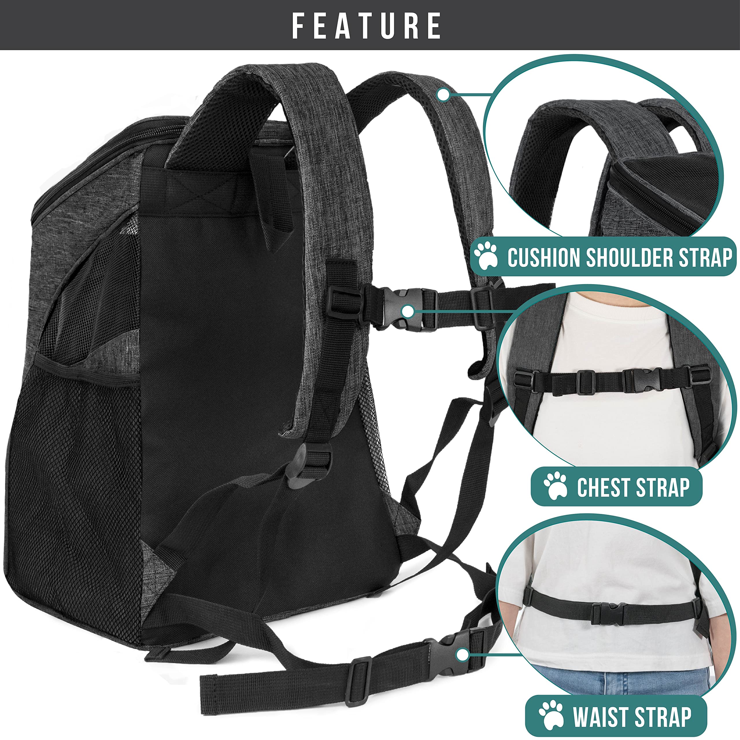 PetAmi Small Dogs and Cat Backpack Carrier, Airline Approved Pet Backpack Carrier, Ventilated, Safety Strap, Buckle Support Designed for Hiking Travel Camping Outdoor, Max 18 lbs (Gray)