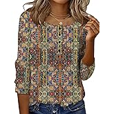 Ivicoer Women's 3/4 Length Sleeve Tops Crewneck Button Pleated Dressy Casual Blouses