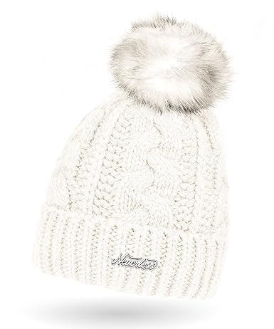 Neverless Damen Strick-Mütze gefüttert mit Fell-Bommel, Kunstfell, Winter-Mütze, Bommelmütze