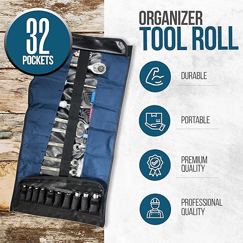 32 Pocket Tool Roll Organizer Wrench Pouch Includes Pouches for 10  Sockets Up Bag Electrician, HVAC, Plumb