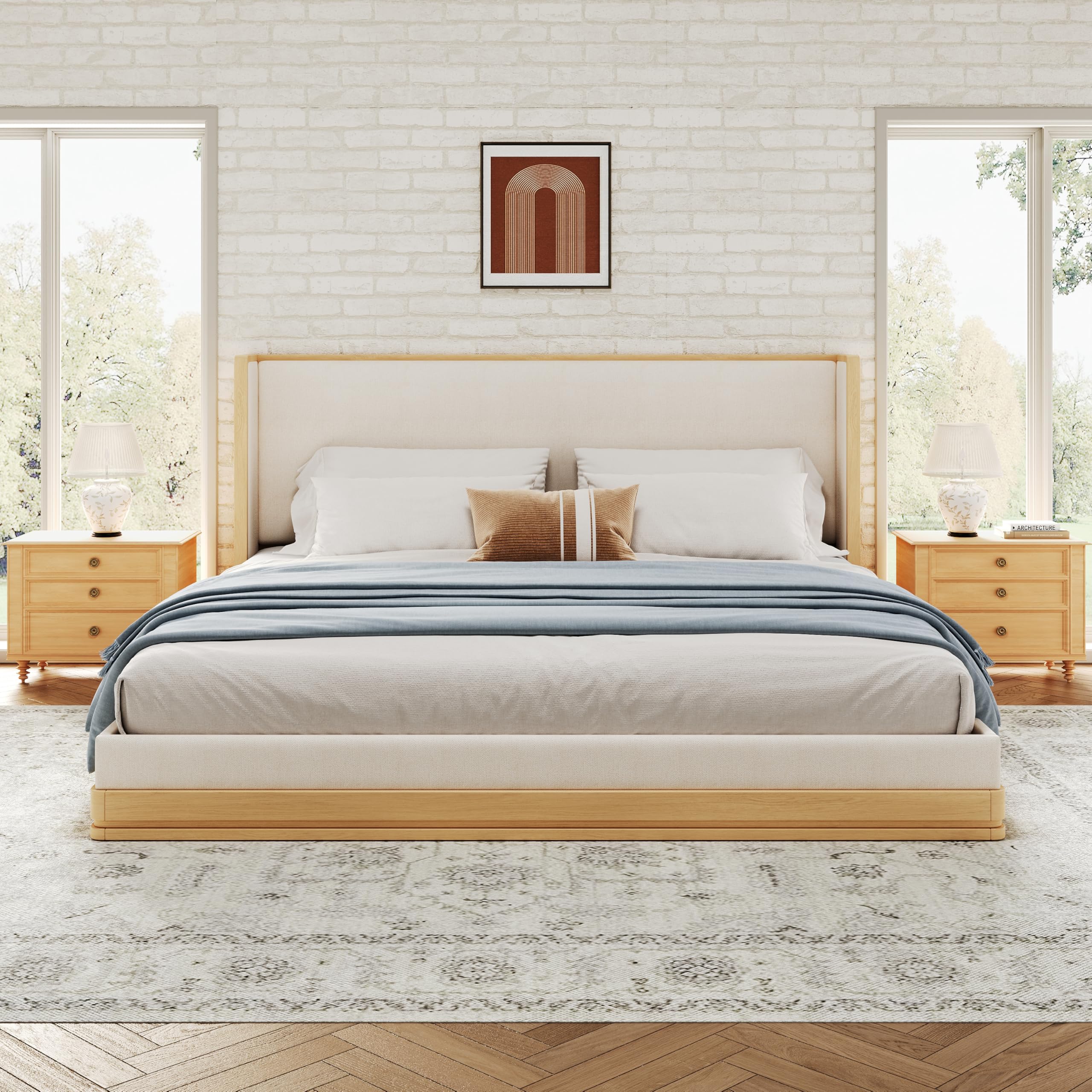 Photo 1 of **box 2 of2** Christopher Knight Home Lavia Fabric Upholstered Queen Size Bed Frame with Headboard, Modern Queen Bed Frame and Headboard, Wooden Slats Support, Easy Assembly, No Box Spring Needed, Beige+Natural