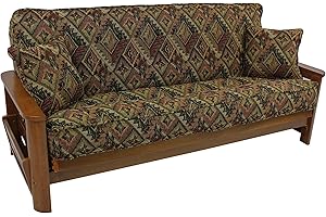 Blazing Needles Patterned Tapestry Double Corded 8" to 9" Futon Cover Set with 2 Throw Pillows (Set of 3), Full, Checkered Scroll
