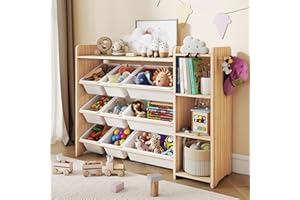GITAWUSA Kids Toy Storage Organizer, Wooden Shelf with 3 Tiers and 9 Storage Bins, Nursery Room Organizer for Books and Toys, White and Natural Wood