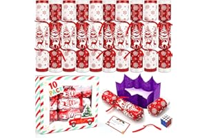 LEASEN 10 Pack Christmas No Snap Party Favor with Red & White Snowflake Design with Party Hat, Joke & Little Gift Inside for Kids, Xmas Gift, Christmas Seasonal Holiday Party Dinner Traditions Supplies