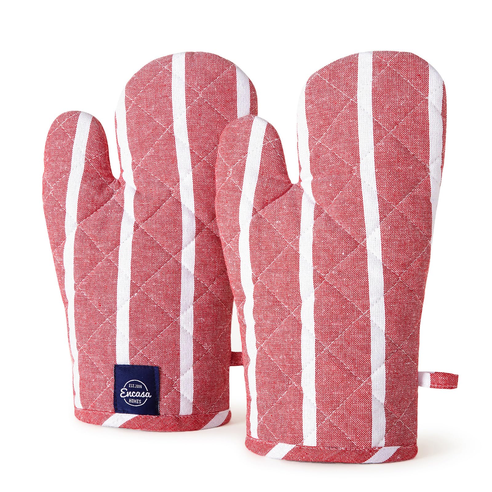 Encasa XO Long 18x30 cm Oven Microwave Hand Gloves Mitts (2 pc set) for Kitchen Cooking & Baking - Heat Resistant, Thick & Safe, Protection of Hands from Hot Utensils, Grill - Roma Red Stripes