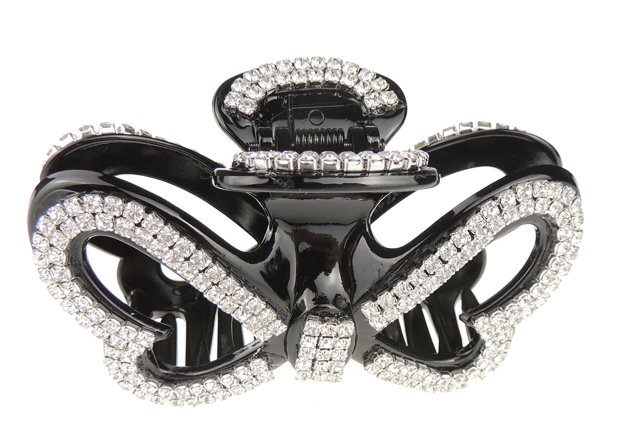 Extra Sparkly Women Girls Crystal Diamante Rhinestone Gems Bridal Wedding Evening Party Styling Thick Long Hair Accessories Butterfly Claw Jaw Clip Octopus Clamp Large 9cm Heart Bow (Black)