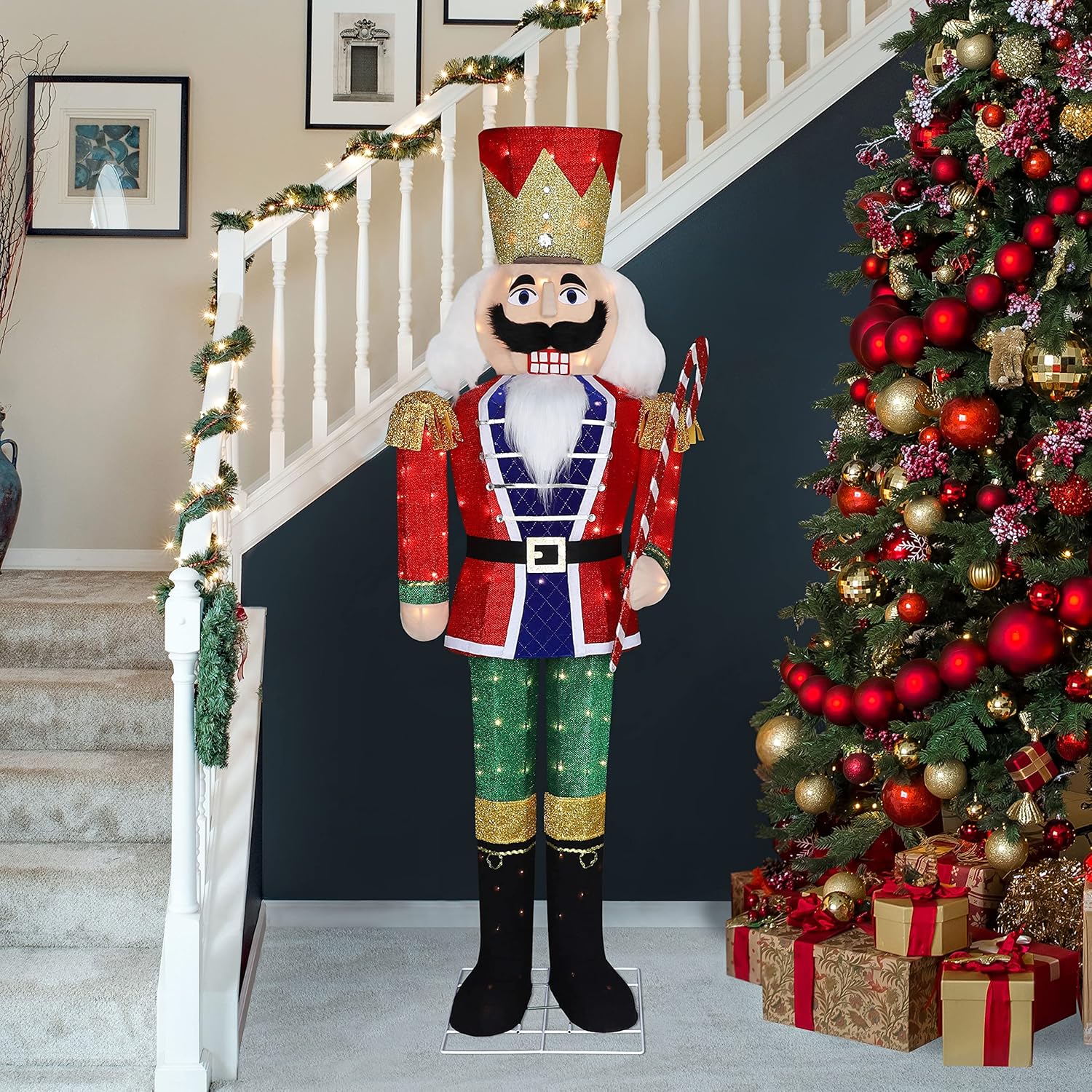 Nutcrackers - VEIKOU Christmas Outdoor Decoration 5FT Nutcracker, Lighted Nutcracker with Christmas Candy Cane, Outdoor Christmas Decorations for Holiday Porch Gateway