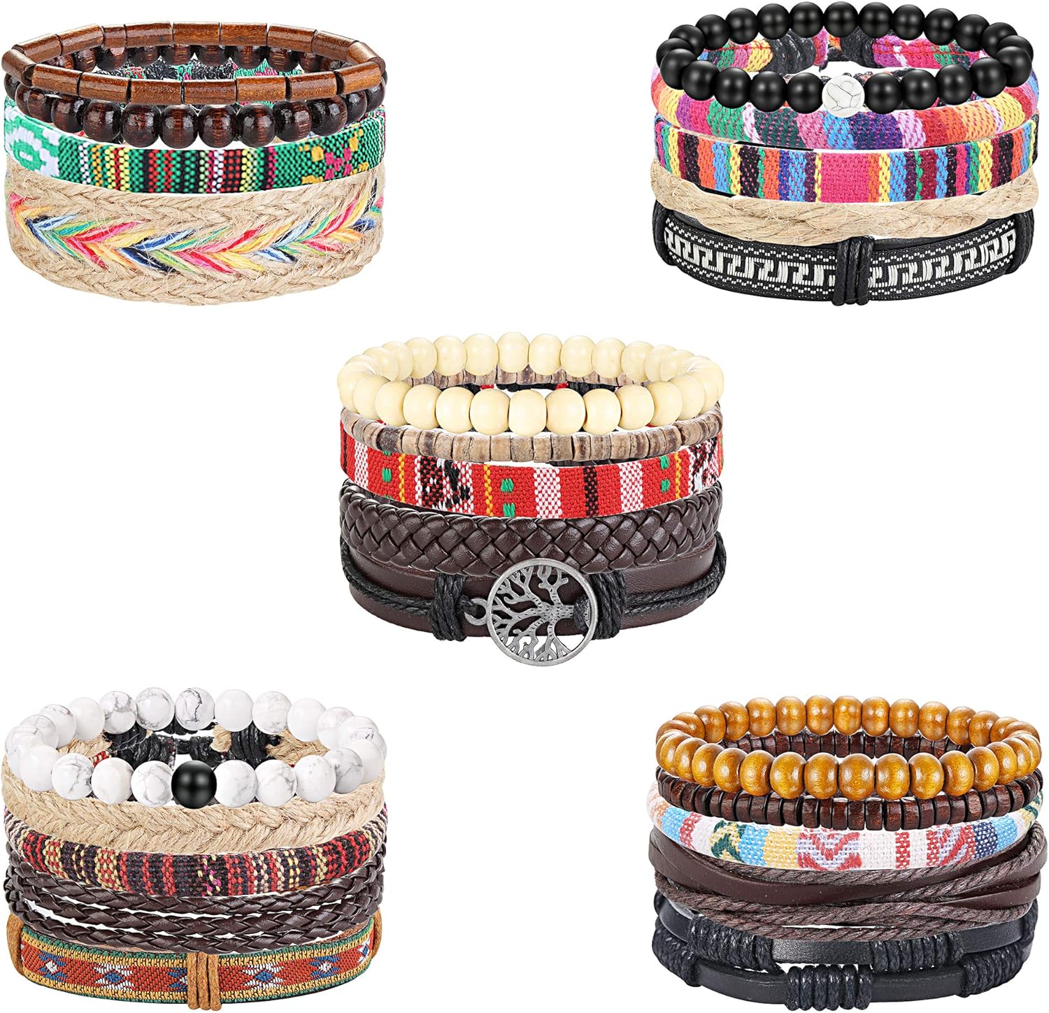 Finrezio 24 Pcs Braided Leather Bracelet Set for Women Men Wristbands Boho Ethnic Tribal Linen Hemp Cords Beads Wrap Bracelets String Handmade Jewelry: Jewelry