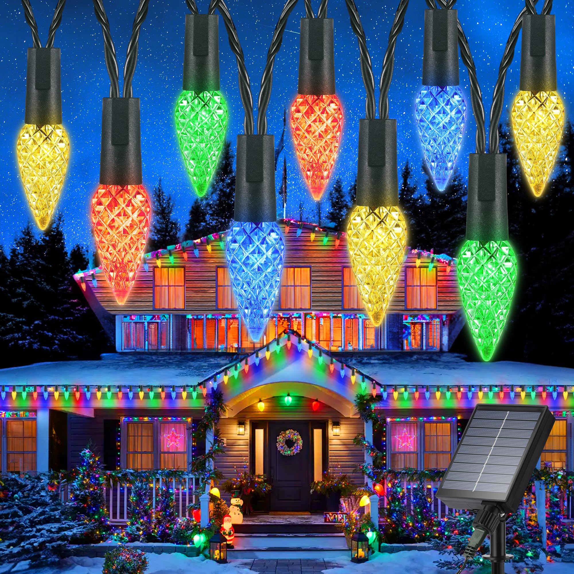Photo 1 of iBaycon Solar C6 Christmas Lights Outdoor, 48FT 100LED C6 Strawberry String Light, 8 Modes Solar Powered Lights String for Xmas Tree House Eaves Roof Christmas Holiday Decorations