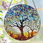 Stained Glass Window Hanging, LAOWEIKI 8'' Tree of Life Suncatcher, Stained Glass Ornament, Suncatchers for Windows Hanging, Window Decor, Outdoor or Indoor, Gifts for Women, Lovers, Couple, Friends