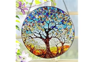 Stained Glass Window Hanging, LAOWEIKI 8'' Tree of Life Suncatcher, Stained Glass Ornament, Suncatchers for Windows Hanging, Window Decor, Outdoor or Indoor, Gifts for Women, Lovers, Couple, Friends
