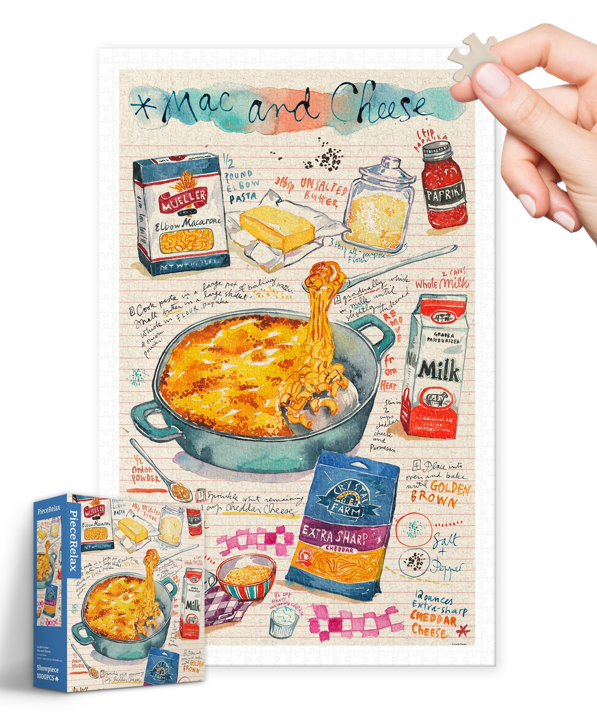 PieceRelax 1000 Pieces Plastic Jigsaw Puzzle for Adults - Lucile Prache - Mac and Cheese - Challenging Extra Small Pieces, No Mat Needed, Relaxation & Gift [H3337]