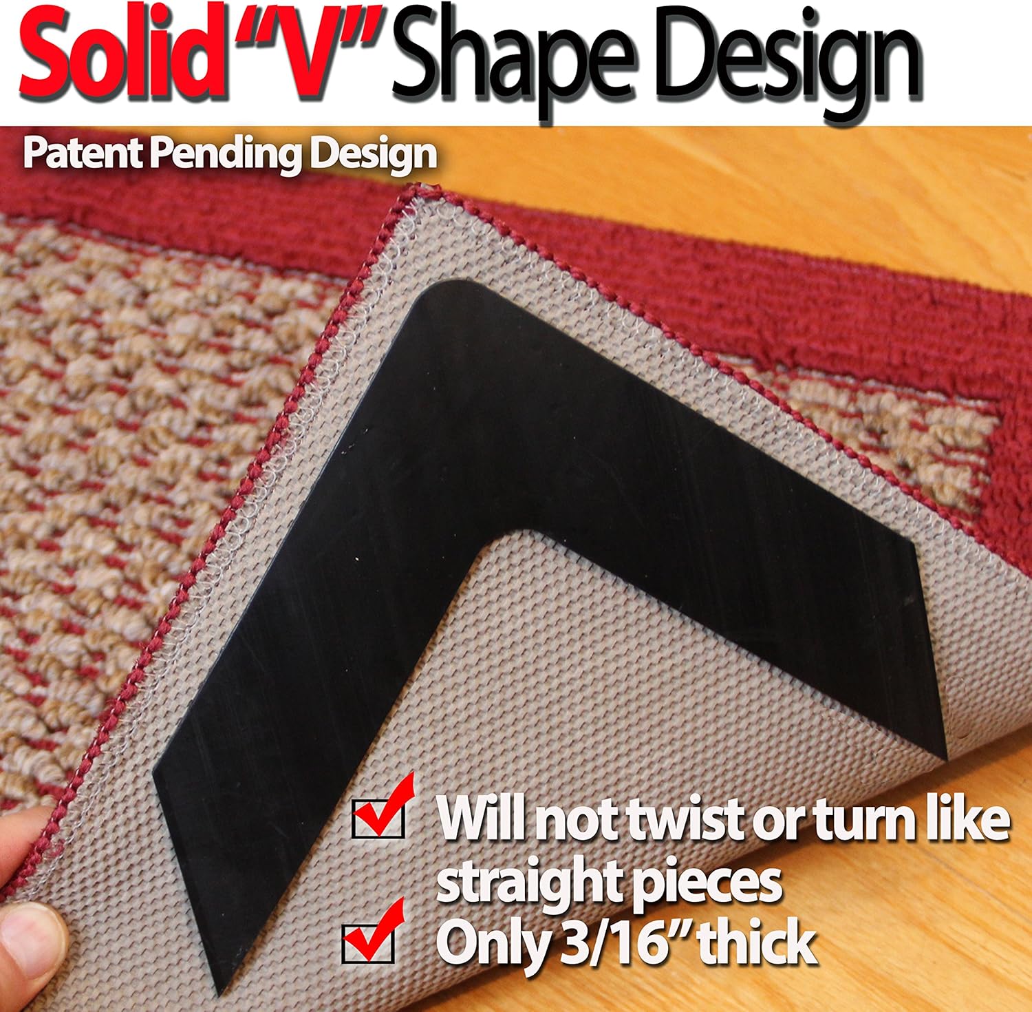 NeverCurl Best V Shape Design Gripper to Instantly Stops Rug Corner Curling. Safe for Wood Floors. for Indoor & Outdoor Rugs - Not an Anti-Slip pad - Made USA - Patented: Furniture & Decor