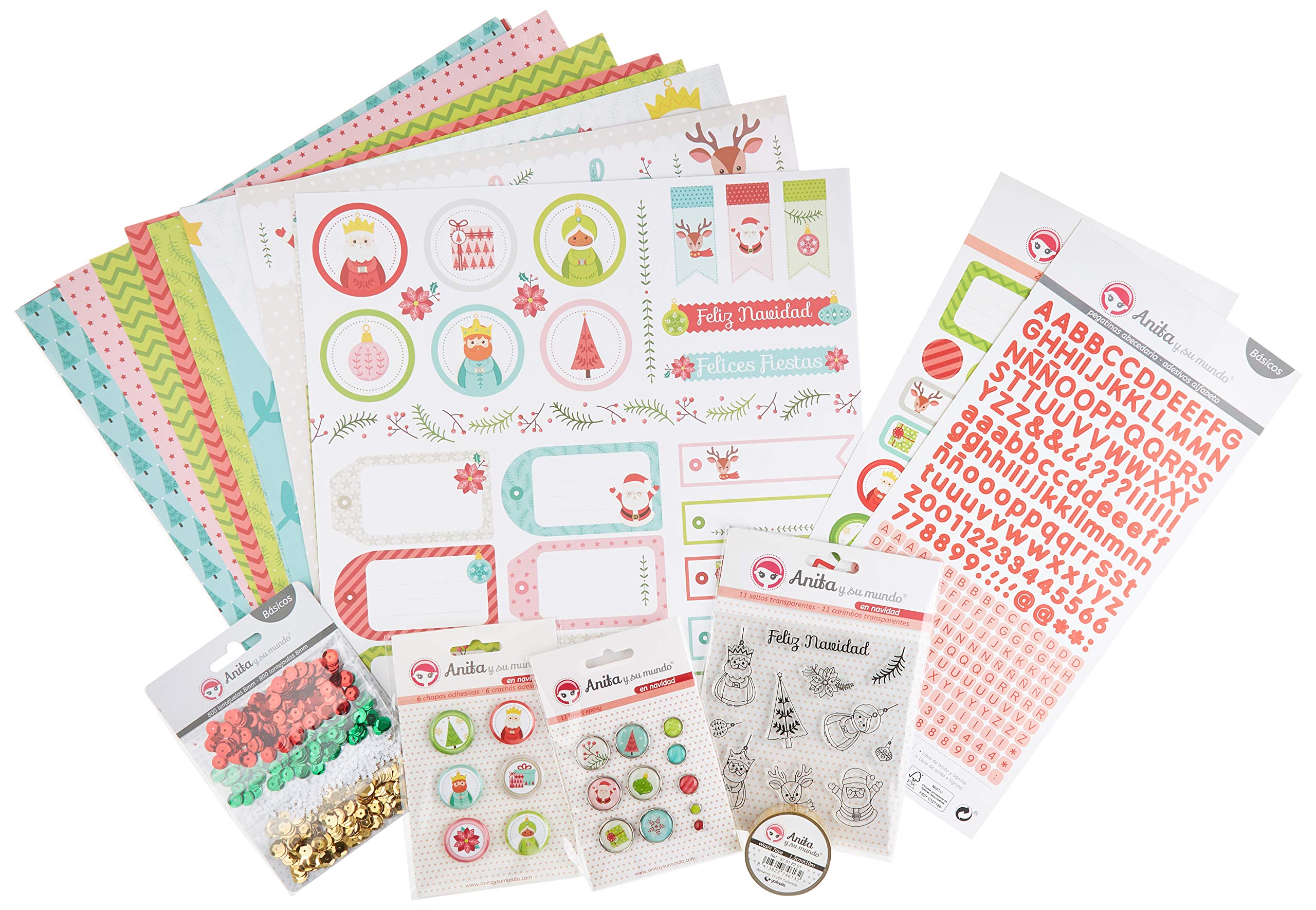 Anita y Su Mundo Christmas Collection Kit Case Scrapbooking (Papers, Stickers, Bads, Epoxy, Stamps, Adhesive Alphabet Paper, Multicoloured, 12 x 12 Inches