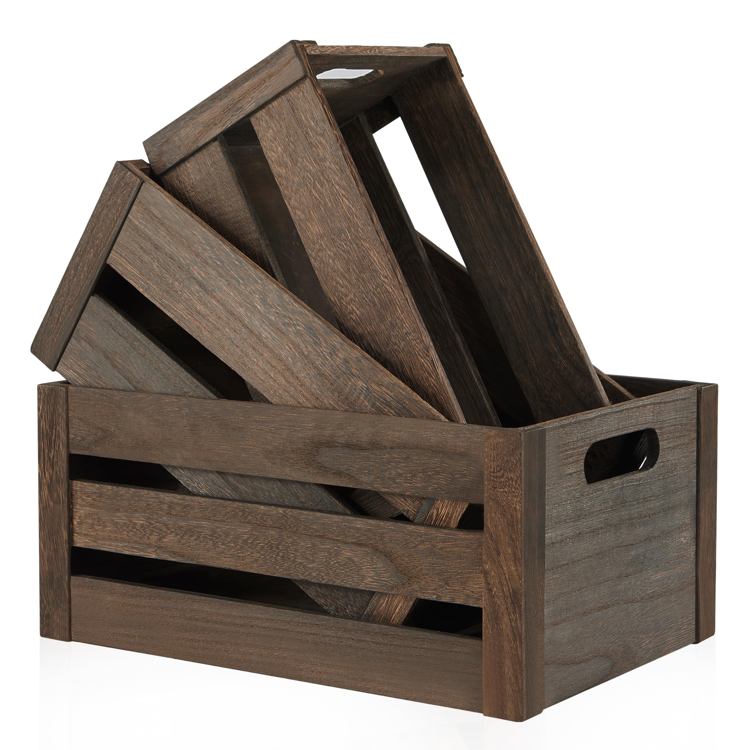 Photo 1 of Edergoo Wooden Crates 3 Pack, Nesting Handmade Wood Crates for Storage, No Installation Wooden Storage Box with Cutout Handle for Display & Decor, Brown
