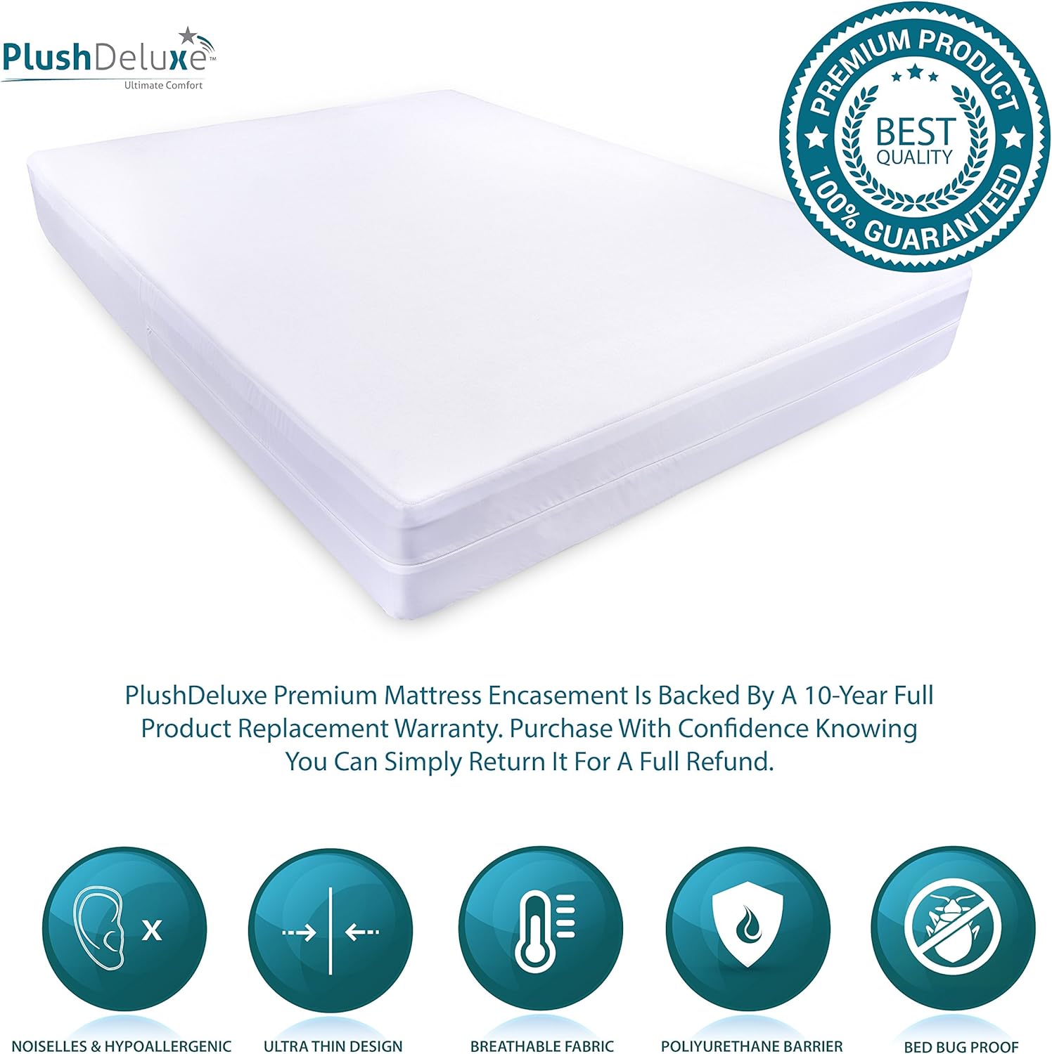 PlushDeluxe Premium Zippered Mattress Encasement, Waterproof, Bed Bug & Dust Mite Proof 6-Sided Protector Cover, Hypoallergenic Cotton Terry Surface (Fits 9-12 Inches H) Twin XL: Home & Kitchen